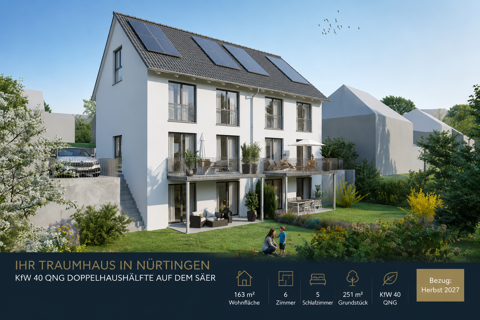 Modernes Wohnen in Nürtingen: KfW 40 QNG Doppelhaushälfte in begehrter Wohnlage „Auf dem Säer“