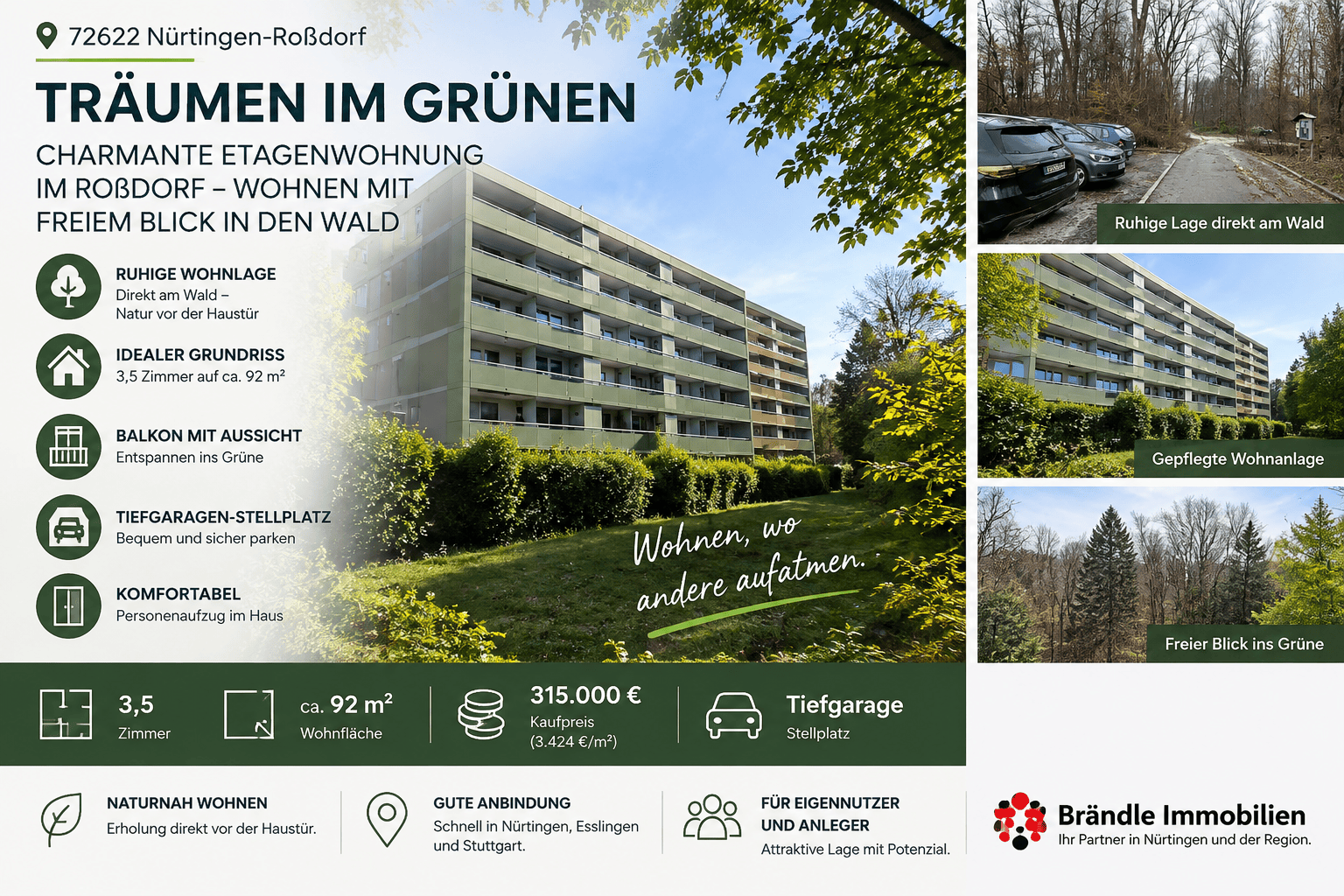 Wohnung kaufen in Nürtingen-Roßdorf – 3,5 Zimmer, 92 m² und Wohnen direkt am Grünen